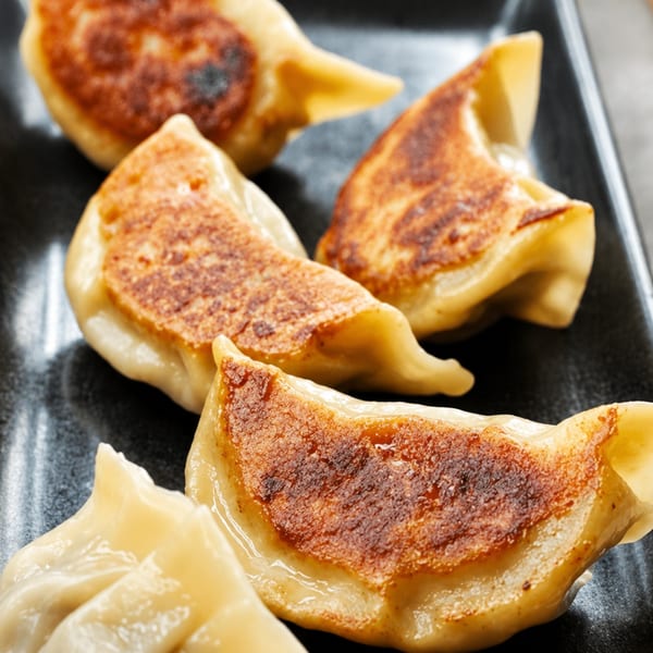 Close-up of several pan-fried gyoza dumplings with crispy, golden-brown bottoms on a dark plate.