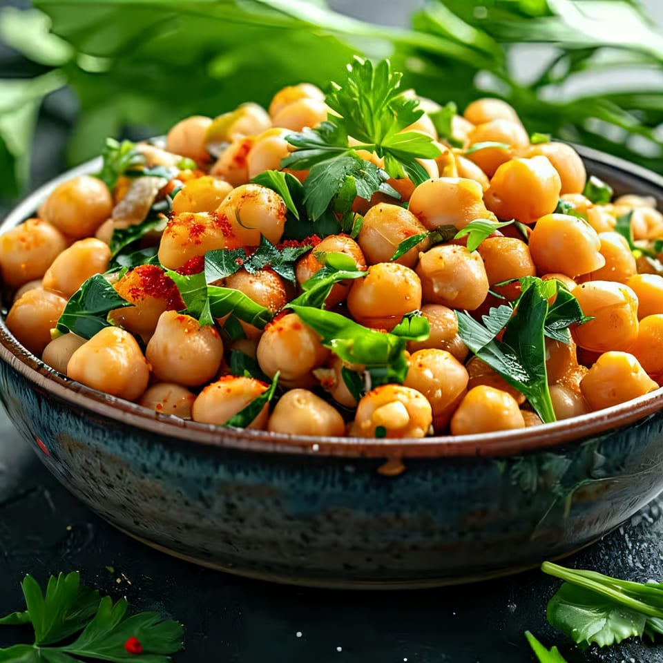 Close-up of a bowl filled with seasoned chickpeas and fresh green herbs.