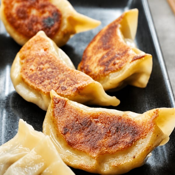 Close-up of golden-brown pan-fried dumplings, or gyoza, on a dark plate.